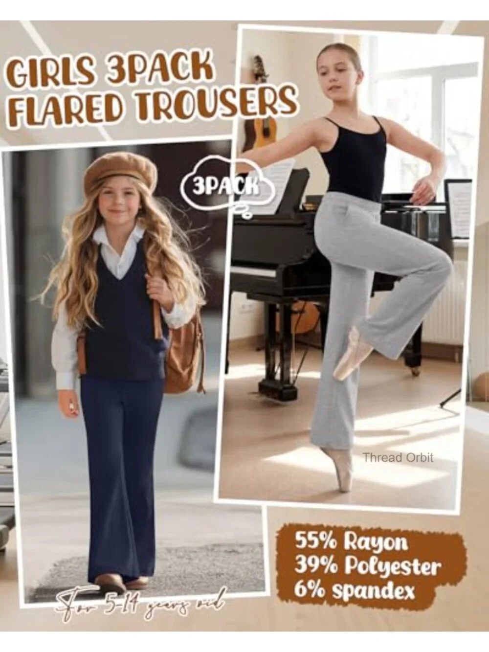 3 Pack Girls Uniform Flared Sweatpants Elastic Waist Bell Bottom Casual